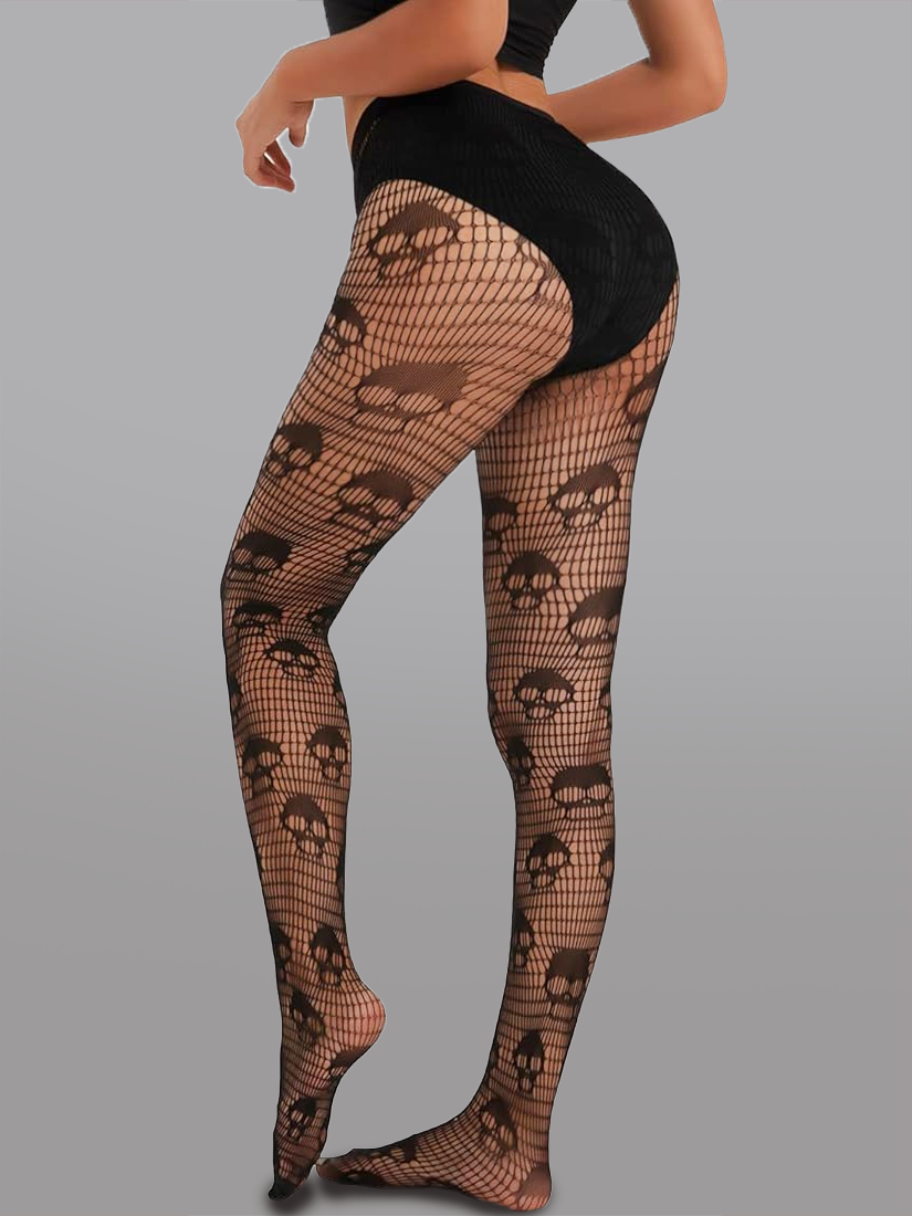 Dark Skull Mesh Tights With Intricate Leg Design Details Hello.LA.Girl